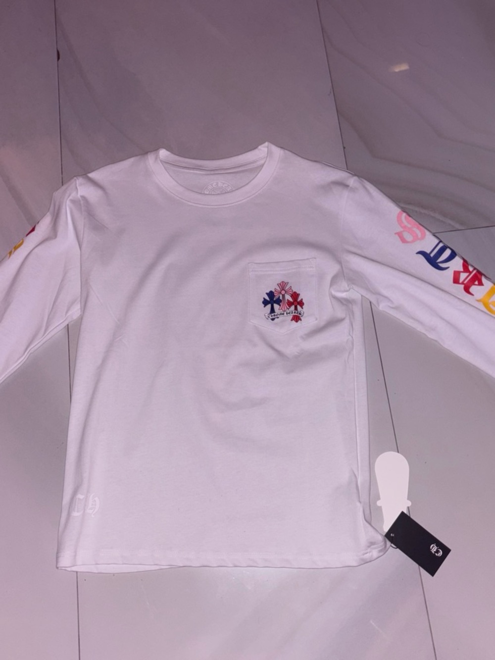 Kids White Long-Sleeve Pocket Tee with Multicolor Sleeve Graphics